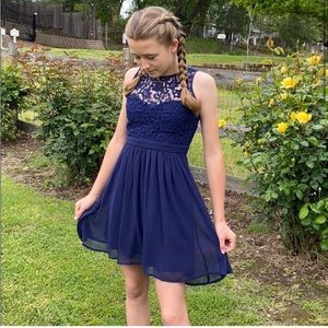 Lulus Romance tale navy blue lace skater dress